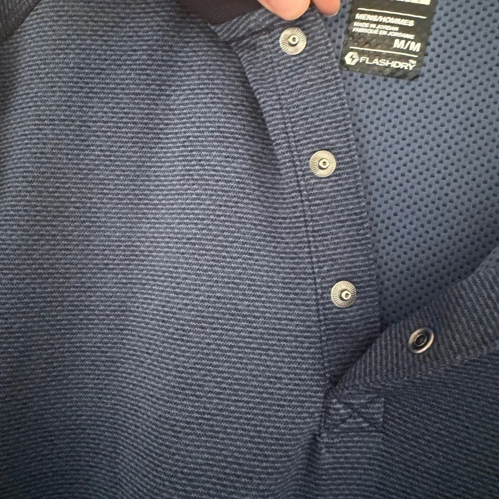 The North Face Mens FlashDry Polo Shirt Navy Blue Stripe Snap Button Medium